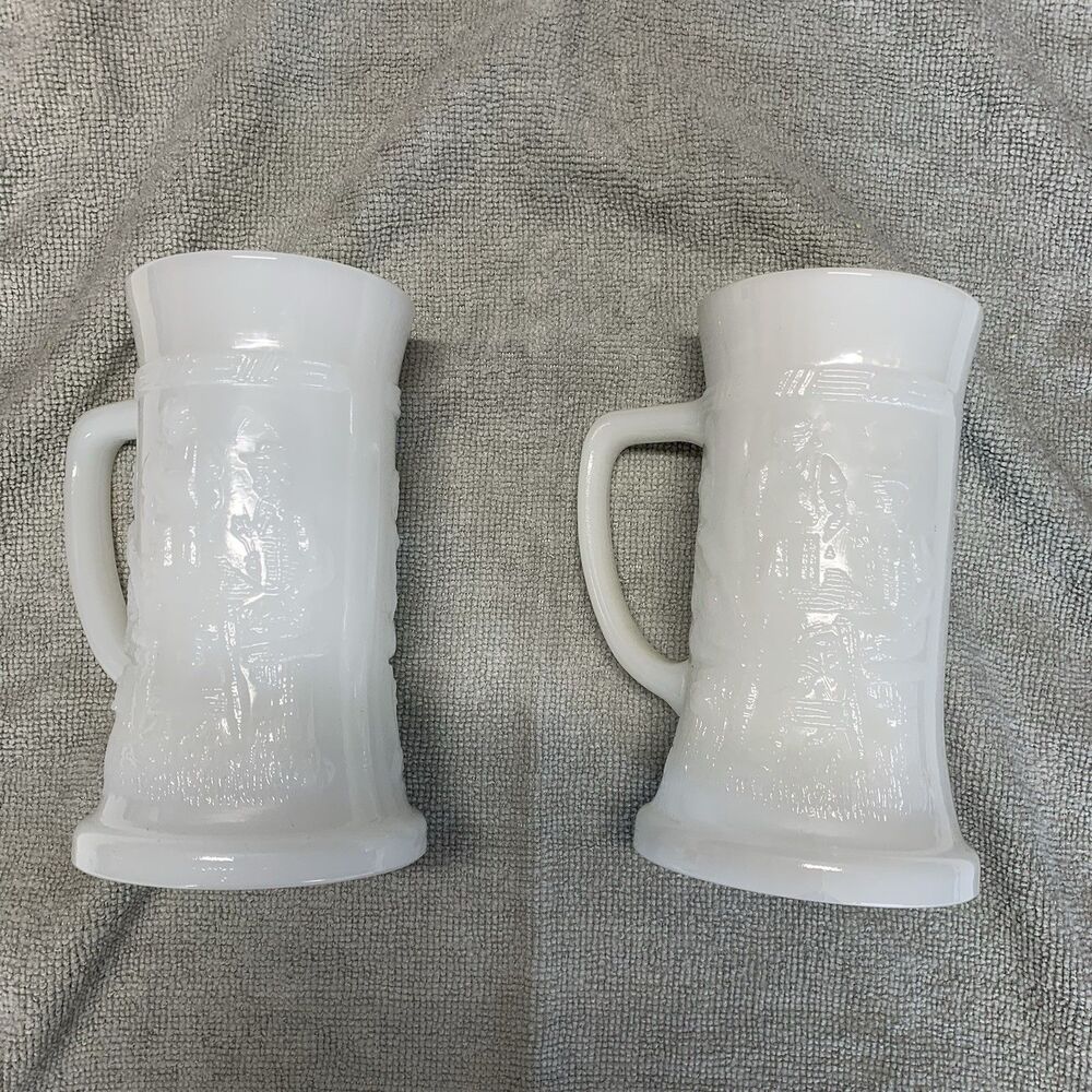 Vintage Federal White Milk Glass 6" Beer Mug Stein Tankard Embossed Tavern Lot 2